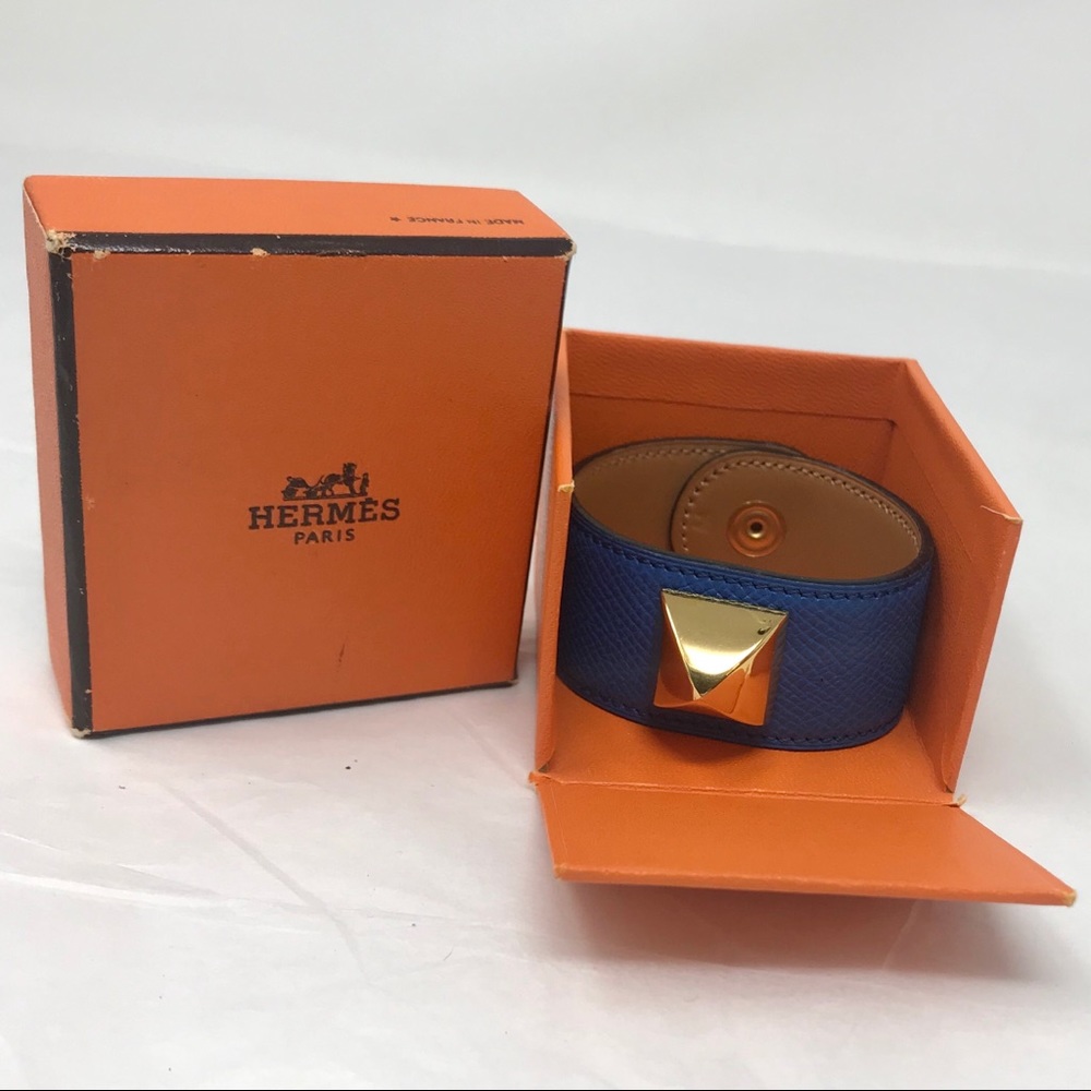 Hermès Blue Togo Leather Golden Medor Bracelet - NWOT w/box